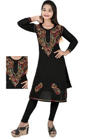Shree Maa Boutique Women Pure Cotton Lucknow Chikan Embroidery Straight Kurti(Black)