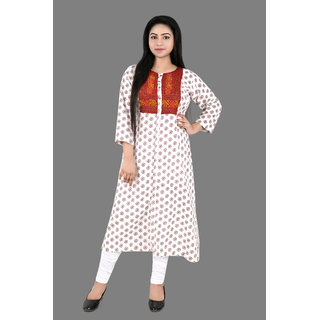 Shree Maa BoutiqueWomen Rayon Printed Straight Kurti With Hand Embroidery(White)