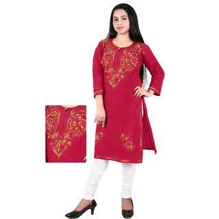 Shree Maa Boutique Women Pure Cotton Lucknow Chikan Embroidery Straight Kurti(Red)