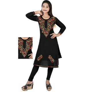 Shree Maa Boutique Women Pure Cotton Lucknow Chikan Embroidery Straight Kurti(Black)