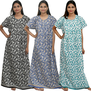 Buy 100 Pure Cotton Nighty for Women Combo Pack of 3 Free Size XXL Bust 44 Length 53 Jaipuri Printed Green Blue n Black Online 1399 from ShopClues