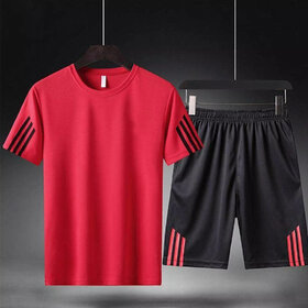 Odoky Men Red & Black Casual T-Shirt and Short Set