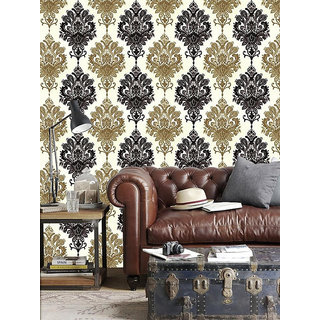                       JAAMSO ROYALS Cream and Black Damask Self Adhesive Wallpaper For Home Decoration (500 CM X 45 CM)                                              