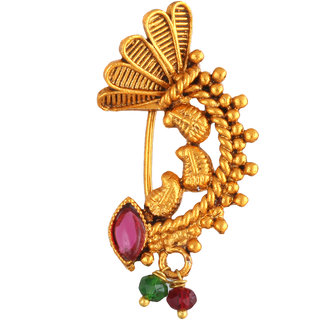                       Oxidised Gold with Artificial stone and beads Red Stone Alloy Maharashtrian Nath Nathiya./ Nose Pin for women                                              