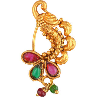                       Oxidised Gold with Artificial stone and beads Mayur design Alloy Maharashtrian Nath Nathiya./ Nose Pin for women                                              