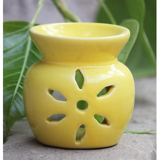                      Breezy Aroma Yellow Ceramic Tealight Candle Holder Oil Burner - Aroma Lamp - Aroma Diffuser  (3.25 H x 2.4 W Inch )                                              
