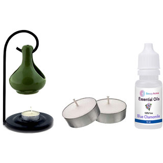                       Breezy Aroma Ceramic  metal Light Green Candle Diffuser With 10 ML Chamomile Aroma Oil  2 Candle (8 H x 4 W Inch )                                              