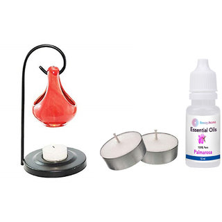                       Breezy Aroma Ceramic  metal Red Candle Diffuser With 10 ML Palmarosa Aroma Oil  2 Candle (8 H x 4 W Inch )                                              