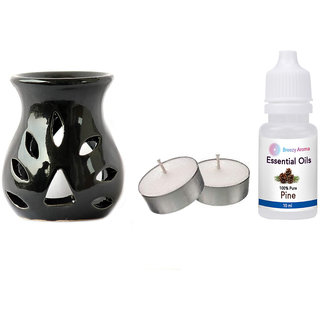                       Breezy Aroma Ceramic Black Candle Diffuser With 10 ML Pine Aroma Oil  2 Candle (3.5 H x 3 W Inch )                                              
