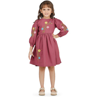                       Washed Denim Embroidery Dress For Girls                                              