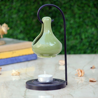                       Breezy Aroma Metal Light Green Hanging Ceramic Tealight Candle Holder Oil Burner - Aroma Lamp - Aroma Diffuser                                              