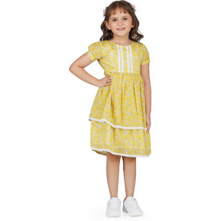                       Printed Floral With Lace Detailing Dress For Girls                                              