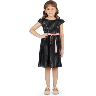                       Black Lurex Stripe With Pink Belt Dress For Girls                                              