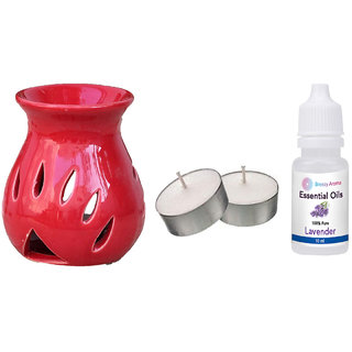                       Breezy Aroma Ceramic Red Candle Diffuser With 10 ML Lavender Aroma Oil & 2 Candle (3.5 H x 3 W Inch )                                              
