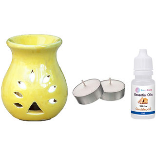                       Breezy Aroma Ceramic Yellow Candle Diffuser With 10 ML SandalWood Aroma Oil & 2 Candle (3.5 H x 3 W Inch )                                              