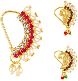 Vighnaharta Piercing Gold Plated Mayur design with Pearls and AD Stone Alloy Maharashtrian Nath Nathiya./ Nose Pin