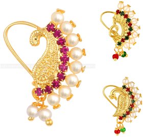 Vighnaharta Piercing Gold Plated Mayur design with Pearls and AD Stone Alloy Maharashtrian Nath Nathiya./ Nose Pin