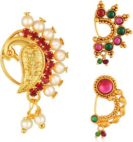 Vighnaharta Non Piercing Gold Plated Mayur design with Pearls AD Stone Alloy Maharashtrian Nath Nathiya./ Nose Pin