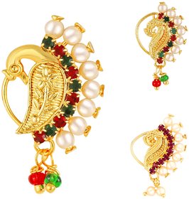 Vighnaharta Non Piercing Gold Plated Mayur design with Pearls AD Stone Alloy Maharashtrian Nath Nathiya./ Nose Pin