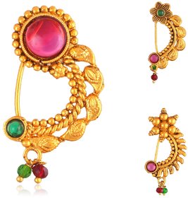 Non Piercing Oxidised Gold with Artificial stone and beads Red Stone Alloy Maharashtrian Nath Nathiya.
