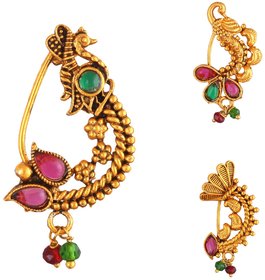 Non Piercing Oxidised Gold with Artificial stone and beads Red Stone Alloy Maharashtrian Nath Nathiya.