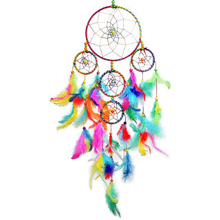                       JAAMSO ROYALS Multi Colour Feathers With Beaded Dream Catcher Wall hanging for Home/ office/car/Shop (Set of 1)                                              