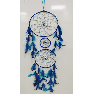                       JAAMSO ROYALS Blue Feathers With Beaded Dreaound Catcher Wall hanging for Home/ office/car/Shop (Set of 1)                                              