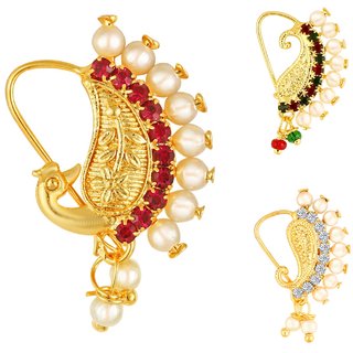                       Vighnaharta Piercing Gold Plated Mayur design with Pearls and AD Stone Alloy Maharashtrian Nath Nathiya./ Nose Pin                                              