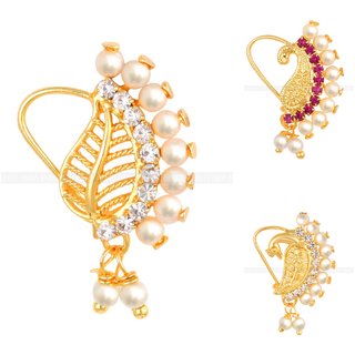 Vighnaharta Piercing Gold Plated Mayur design with Pearls and AD Stone Alloy Maharashtrian Nath Nathiya./ Nose Pin