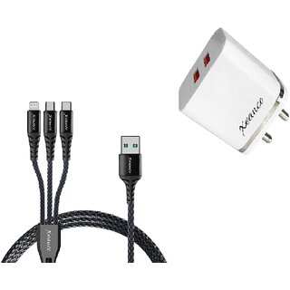 Combo of Mutipurpose 3 in 1 USB Cable and 3.4A Dual Port Adaptor