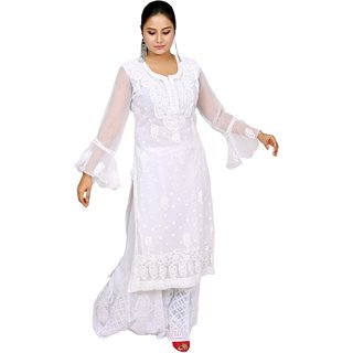 WOMEN'S LUCKNOWI CHIKAN KURTA WITH DENSE SEMI SHEER ROSE CHIKAN EMBROIDERY WITH BEAUTIFUL BELL SLEEVES DESIGN  WITH SLIP