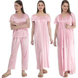 Verdadero presents Women's Satin Nighty 4 Set (Gown, Nighty, Top, Pyjama)(Free-Size 28 to 36 Regular) (baby pink)