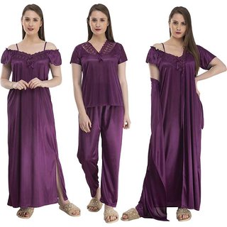 Verdadero presents Women's Satin Nighty 4 Set (Gown, Nighty, Top, Pyjama)(Free-Size 28 to 36 Regular) (navy)