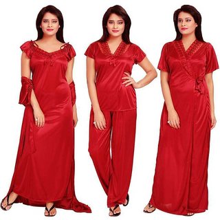 Verdadero presents Women's Satin Nighty 4 Set (Gown, Nighty, Top, Pyjama)(Free-Size 28 to 36 Regular) (red)