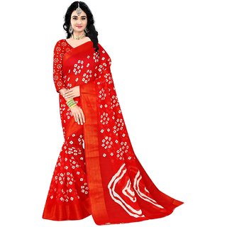                       Sharda Creation Red  Colour Linen Bandhani Printed Saree                                              