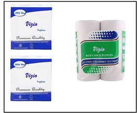 Vizio 2 Ply Kitchen Tissue/Towel Paper Roll - 2 Rolls and 2 1 Ply Tissue Paper Napkin (80 Pulls Per Roll)