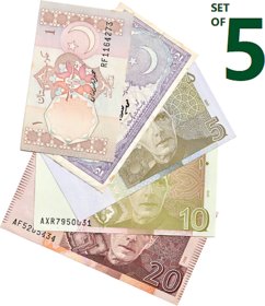 (SET OF 5) 1,2,5,10 AND 20 RUPEES STATE BANK OF PAKISTAN PACK OF 5 RARE NOTES