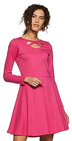 Miss Chase Womens Maroon Solid Full Sleeve Round Cut-Out Neck Mini Skater Dress