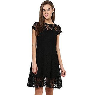                       Miss Chase Womens Black Round Neck Cap Sleeves Low Back Lace Skater Dress                                              