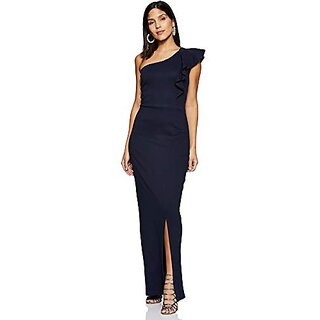                       Miss Chase Womens Navy Blue Solid One Shoulder Sleeveless Ruffled Slit Maxi Dress                                              