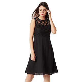                       Miss Chase Womens Black Round Neck Sleeveless Solid Paneled Lace and Pearl Detailing Knee Length Skater Dress                                              