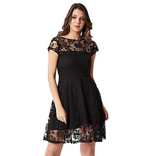                       Miss Chase Womens Black Designer Round Neck Cap Sleeves Lace Solid Embellished Mini Skater Dress with Zip Closure                                              