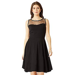                       Miss Chase Womens Black Round Neck Sleeveless Cotton Solid Sheer and Pearl Detailing Mini Skater Dress                                              