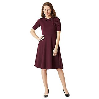                       Miss Chase Womens Wine Red Collared Round Neck Half Sleeve Solid Knee-Long Skater Dress                                              