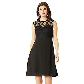                       Miss Chase Womens Black Round Neck Sleeveless Solid Mini Lace Skater Dress                                              