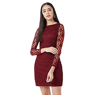                       Miss Chase Womens Maroon Round Neck Full Sleeves Lace Bodycon Mini Dress                                              