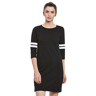                       Miss Chase Womens Super Soft Solid Round Neck 3/4th Sleeves Paneled Color Block Mini Shift Dress                                              