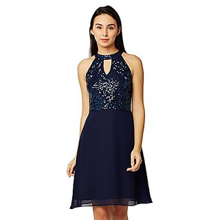                       Miss Chase Womens Round Neck Sleeveless Solid Sequin Flowy Knee-Long Georgette Skater Dress                                              