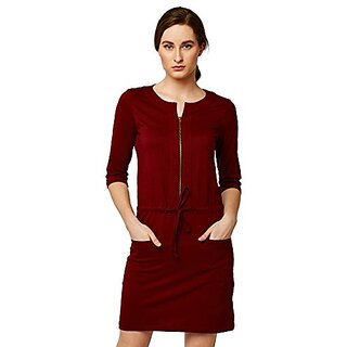                      Miss Chase Womens Super Soft Round Neck 3/4th Sleeves Cotton Solid Mini Shift Dress with Zip Closure                                              