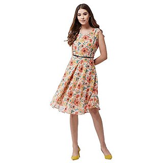                       Miss Chase Womens Multicolor Round Neck Sleeveless Belted Floral Skater Knee Long Dress with Zip Closure                                              